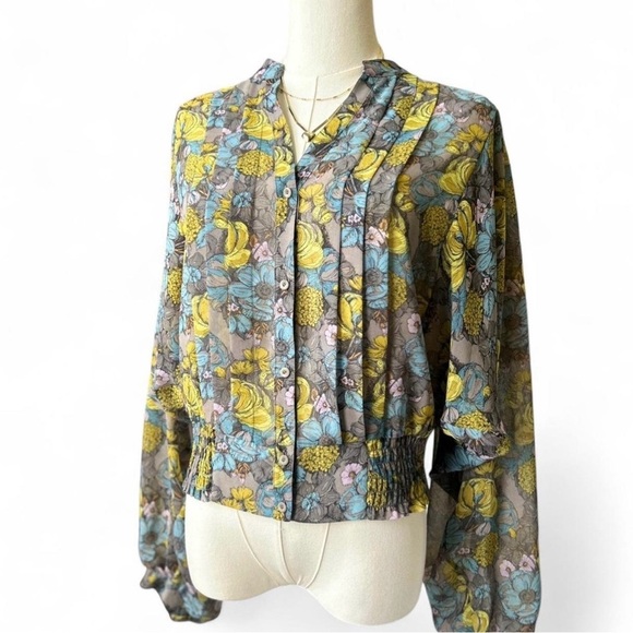 hinge Tops - Hinge Sheer Floral Pleated Blouse Batwing Long-sleeved Button Down Size Small